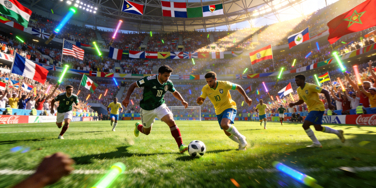 世界杯比赛现场全景，球员在绿茵场上激烈拼抢的壮观场面